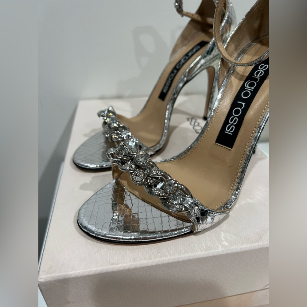 Silver Sergio Rossi chain heel sandals with Python print ankle tie heel sandals